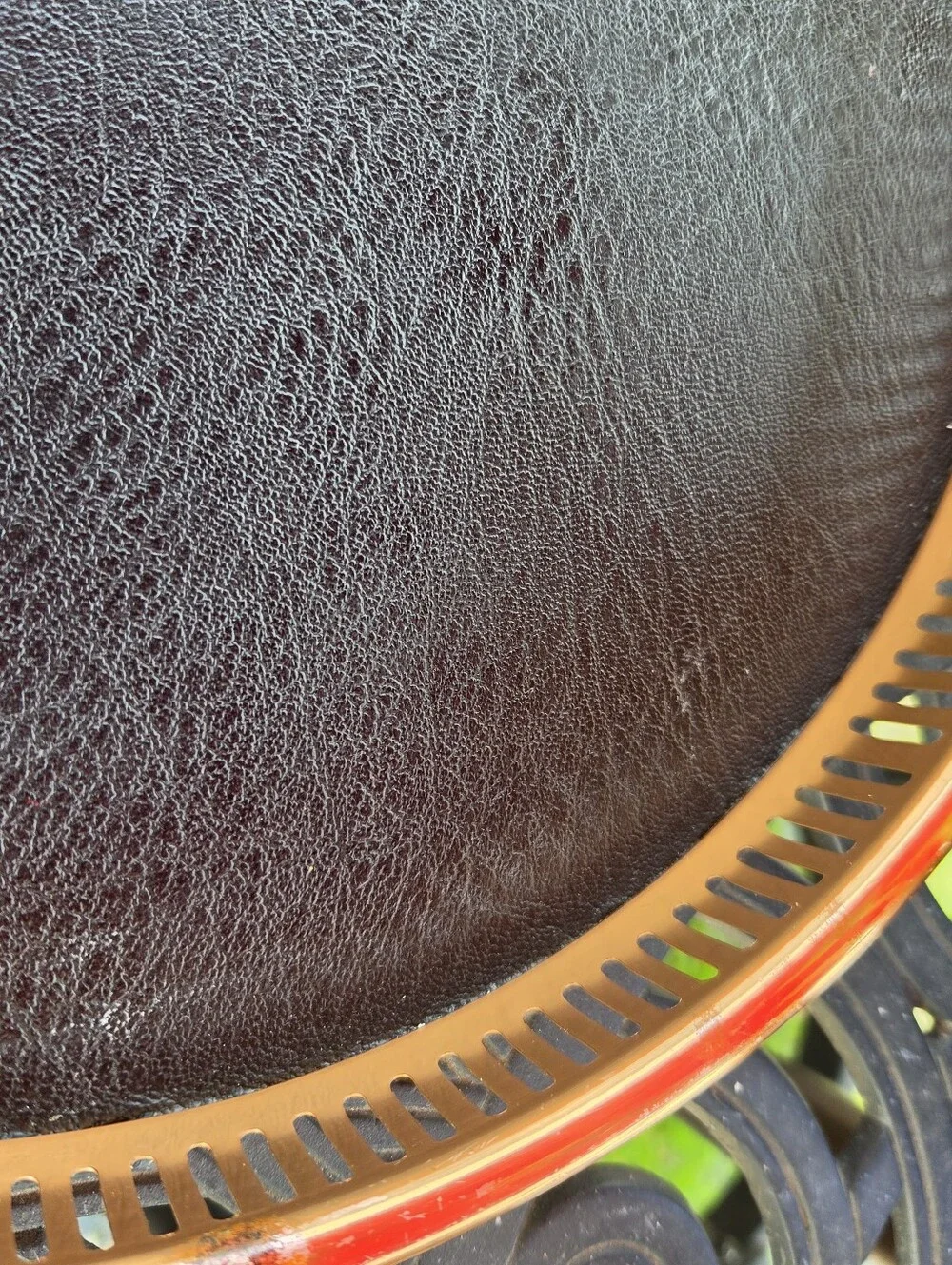 Vtg Coppercraft Guild 13” Copper Edge Round Bar Serving Tray MCM Faux Leather